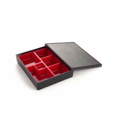 Bento Tek Rectangle Black and Red Large Japanese Style Bento Box - 6 Compartments - 12 1/4" x 9 3/4" x 2 1/4" - 1 count box