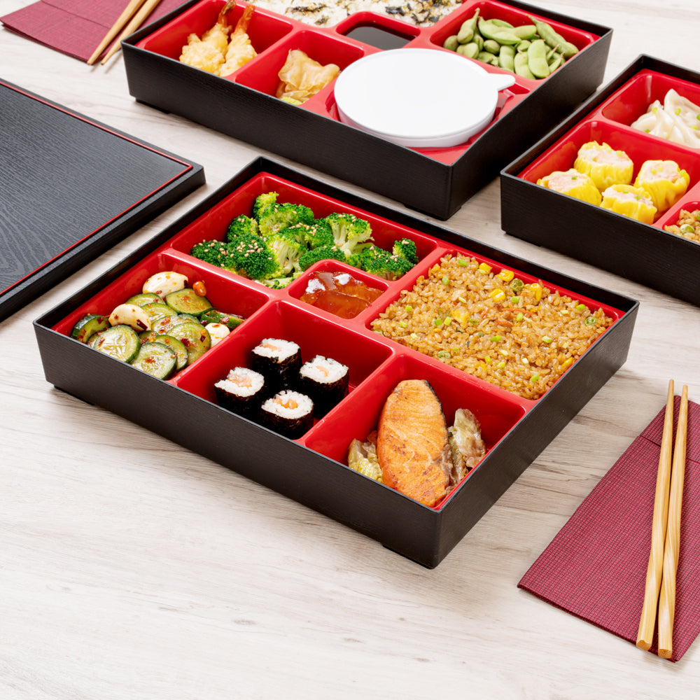 Bento Tek Rectangle Black and Red Large Japanese Style Bento Box - 6 Compartments - 12 1/4" x 9 3/4" x 2 1/4" - 1 count box