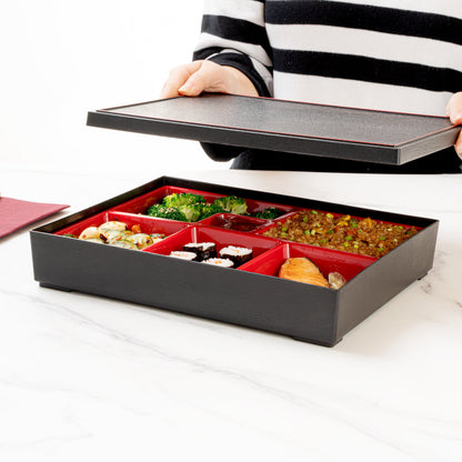 Bento Tek Rectangle Black and Red Large Japanese Style Bento Box - 6 Compartments - 12 1/4" x 9 3/4" x 2 1/4" - 1 count box