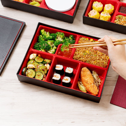 Bento Tek Rectangle Black and Red Large Japanese Style Bento Box - 6 Compartments - 12 1/4" x 9 3/4" x 2 1/4" - 1 count box