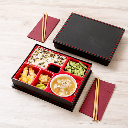 Bento Tek Rectangle Black and Red Large Japanese Style Bento Box - 6 Compartments, with Bowl - 12 1/4" x 9 3/4" x 2 1/4" - 1 count box