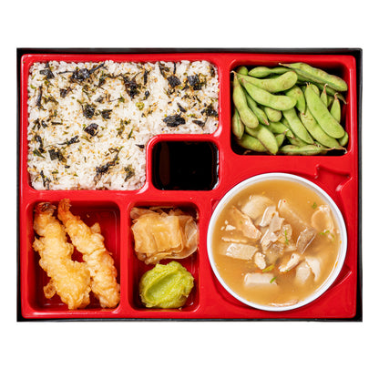 Bento Tek Rectangle Black and Red Large Japanese Style Bento Box - 6 Compartments, with Bowl - 12 1/4" x 9 3/4" x 2 1/4" - 1 count box