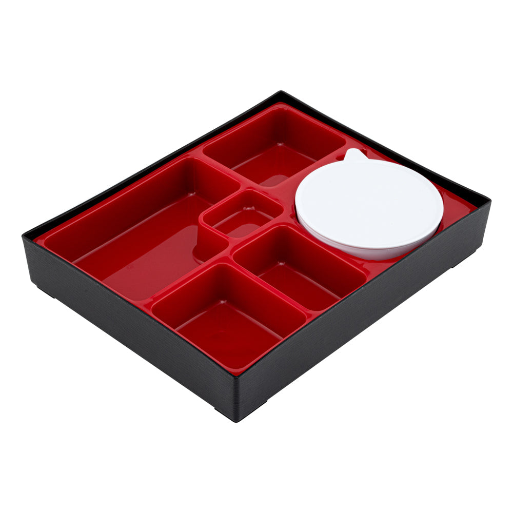 Bento Tek Rectangle Black and Red Large Japanese Style Bento Box - 6 Compartments, with Bowl - 12 1/4" x 9 3/4" x 2 1/4" - 1 count box