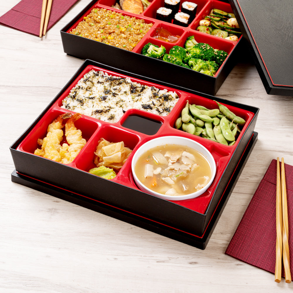Bento Tek Rectangle Black and Red Large Japanese Style Bento Box - 6 Compartments, with Bowl - 12 1/4" x 9 3/4" x 2 1/4" - 1 count box
