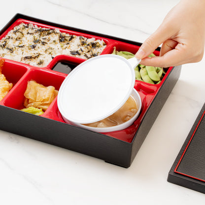 Bento Tek Rectangle Black and Red Large Japanese Style Bento Box - 6 Compartments, with Bowl - 12 1/4" x 9 3/4" x 2 1/4" - 1 count box