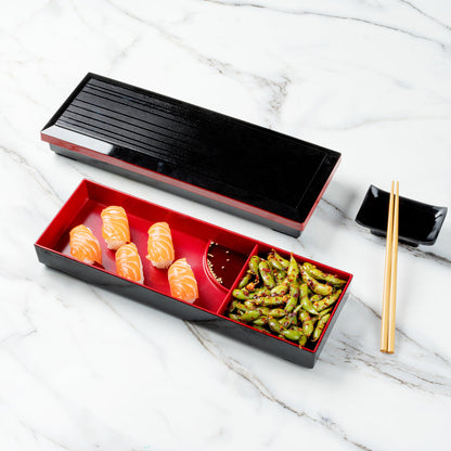Bento Tek Black and Red Japanese Style Bento Tray - 2 Compartments - 14" x 4 3/4" x 1 3/4" - 1 count box