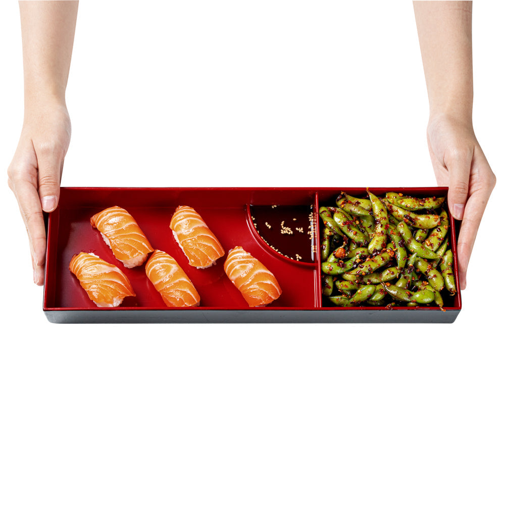 Bento Tek Black and Red Japanese Style Bento Tray - 2 Compartments - 14" x 4 3/4" x 1 3/4" - 1 count box