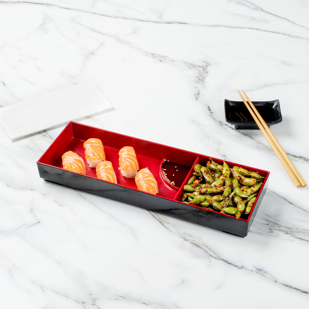 Bento Tek Black and Red Japanese Style Bento Tray - 2 Compartments - 14" x 4 3/4" x 1 3/4" - 1 count box