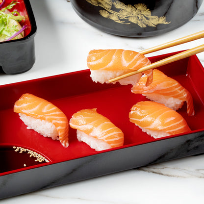 Bento Tek Black and Red Japanese Style Bento Tray - 2 Compartments - 14" x 4 3/4" x 1 3/4" - 1 count box