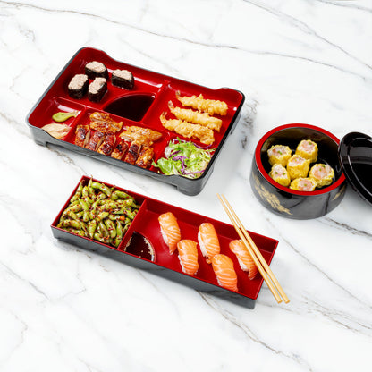 Bento Tek Black and Red Japanese Style Bento Tray - 2 Compartments - 14" x 4 3/4" x 1 3/4" - 1 count box