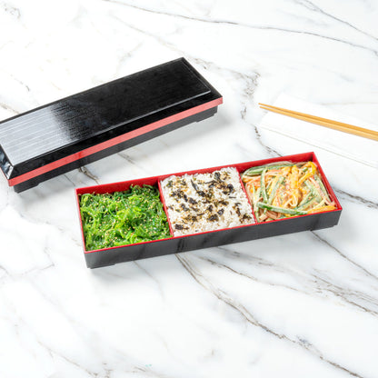 Bento Tek Black and Red Japanese Style Bento Tray - 3 Compartments - 14" x 4 3/4" x 1 3/4" - 1 count box