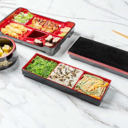 Bento Tek Black and Red Japanese Style Bento Tray - 3 Compartments - 14" x 4 3/4" x 1 3/4" - 1 count box