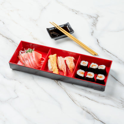 Bento Tek Rectangle Black and Red Japanese Style Bento Box - 3 Compartments - 14" x 4 3/4" x 2 1/4" - 1 count box