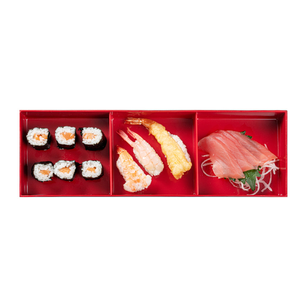 Bento Tek Rectangle Black and Red Japanese Style Bento Box - 3 Compartments - 14" x 4 3/4" x 2 1/4" - 1 count box