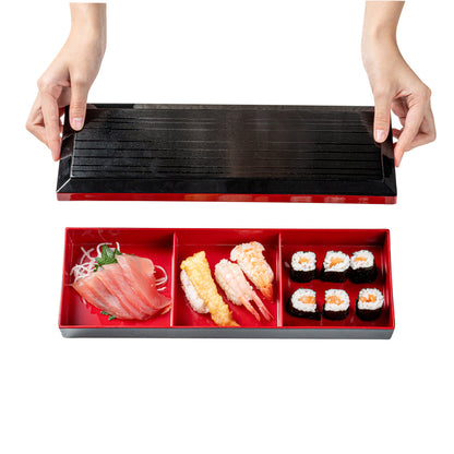 Bento Tek Rectangle Black and Red Japanese Style Bento Box - 3 Compartments - 14" x 4 3/4" x 2 1/4" - 1 count box