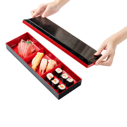Bento Tek Rectangle Black and Red Japanese Style Bento Box - 3 Compartments - 14" x 4 3/4" x 2 1/4" - 1 count box