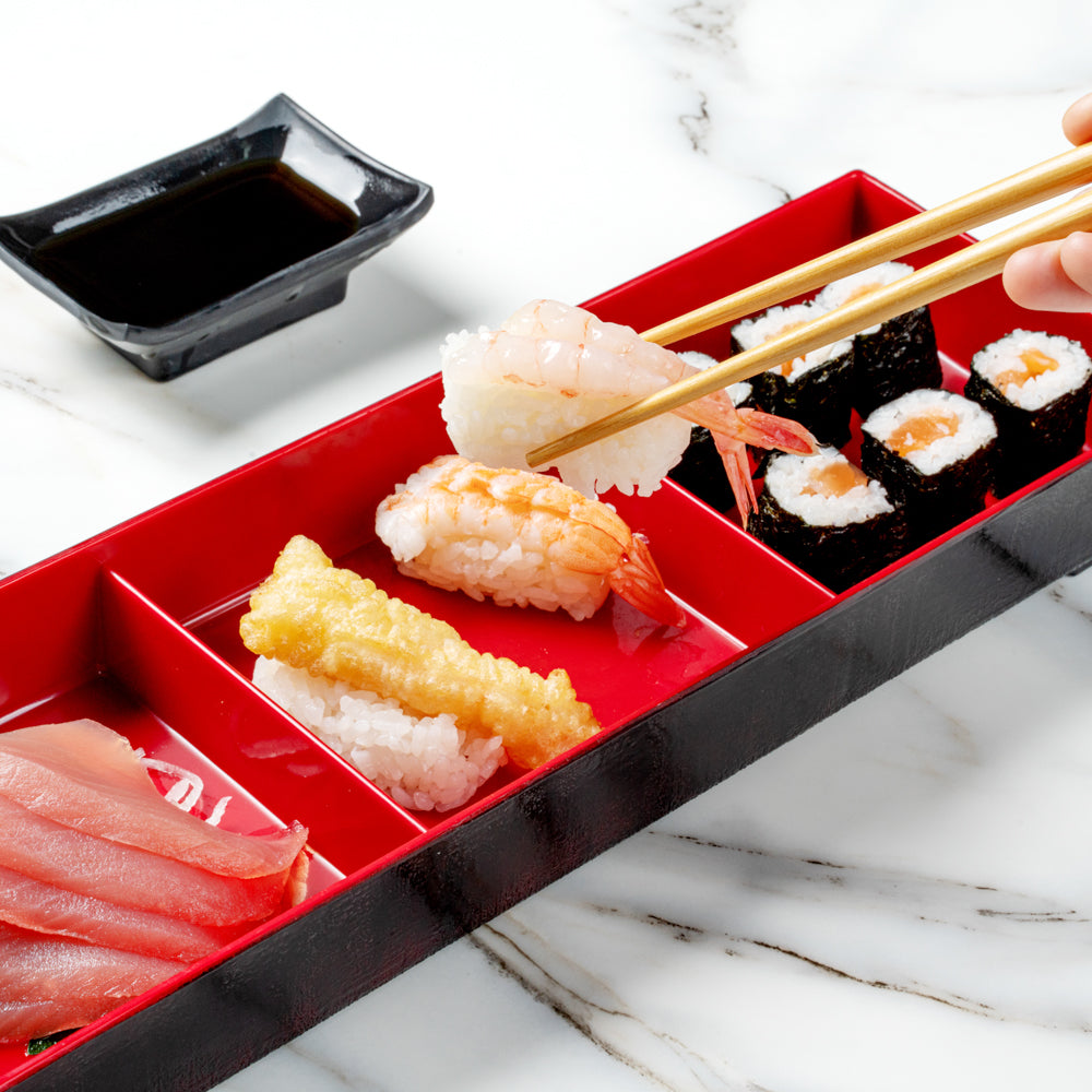 Bento Tek Rectangle Black and Red Japanese Style Bento Box - 3 Compartments - 14" x 4 3/4" x 2 1/4" - 1 count box