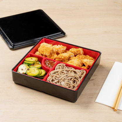 Bento Tek Square Black and Red Japanese Style Bento Box - 4 Compartments - 8 1/4" x 8 1/4" x 2 1/4" - 1 count box