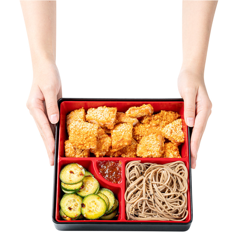 Bento Tek Square Black and Red Japanese Style Bento Box - 4 Compartments - 8 1/4" x 8 1/4" x 2 1/4" - 1 count box