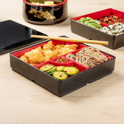 Bento Tek Square Black and Red Japanese Style Bento Box - 4 Compartments - 8 1/4" x 8 1/4" x 2 1/4" - 1 count box