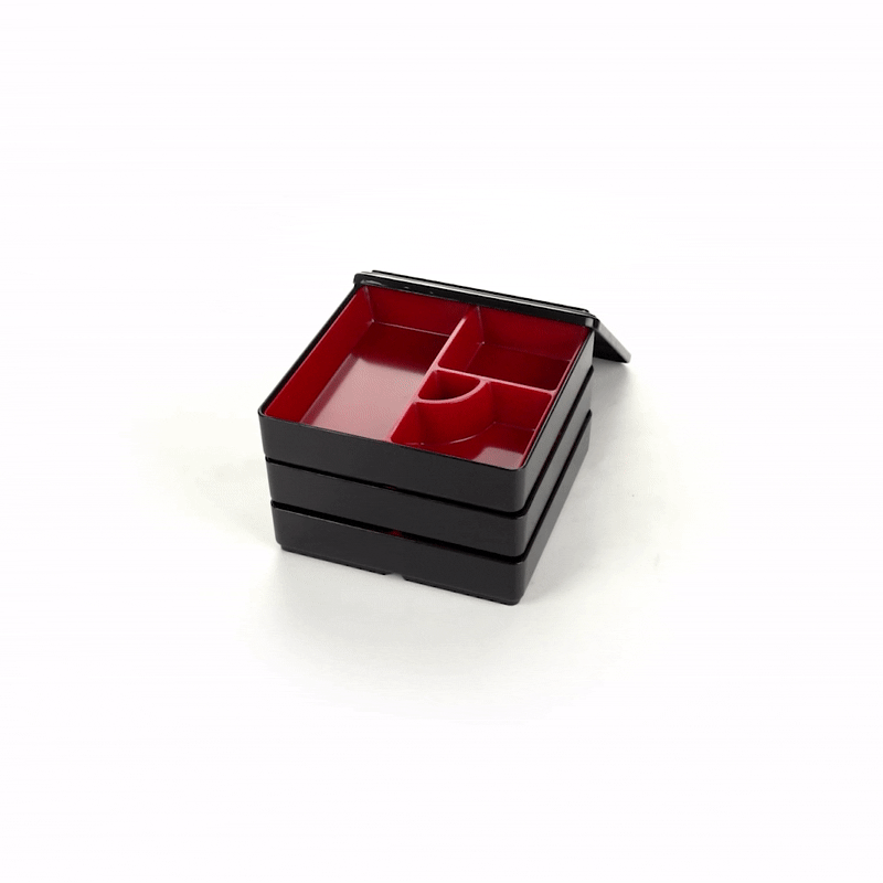 Bento Tek Square Black and Red Japanese Style Bento Box - 4 Compartments, 3 Layers - 8 1/4" x 8 1/4" x 6" - 1 count box