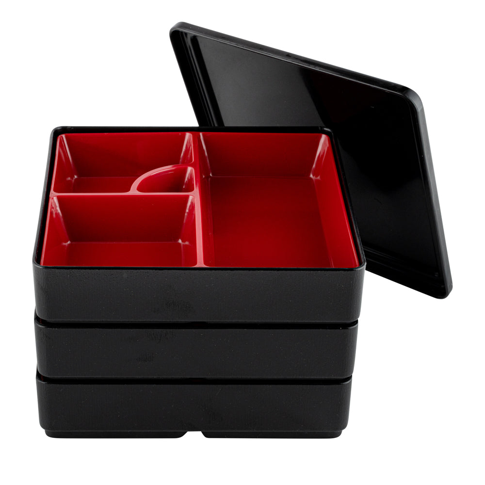 Bento Tek Square Black and Red Japanese Style Bento Box - 4 Compartments, 3 Layers - 8 1/4" x 8 1/4" x 6" - 1 count box