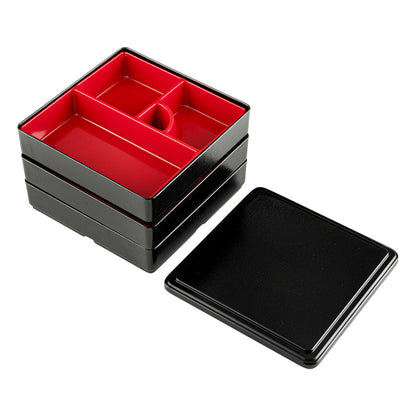 Bento Tek Square Black and Red Japanese Style Bento Box - 4 Compartments, 3 Layers - 8 1/4" x 8 1/4" x 6" - 1 count box