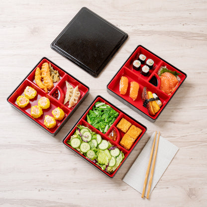Bento Tek Square Black and Red Japanese Style Bento Box - 4 Compartments, 3 Layers - 8 1/4" x 8 1/4" x 6" - 1 count box