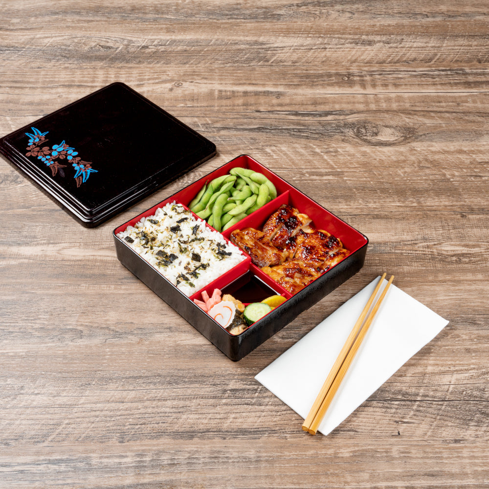 Bento Tek Square Black and Red Japanese Style Bento Box - 5 Compartments - 8 1/4" x 8 1/4" x 2 1/4" - 1 count box