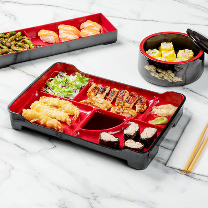 Bento Tek Black and Red Japanese Style Bento Plate - 5 Compartments - 14" x 9" x 2" - 1 count box