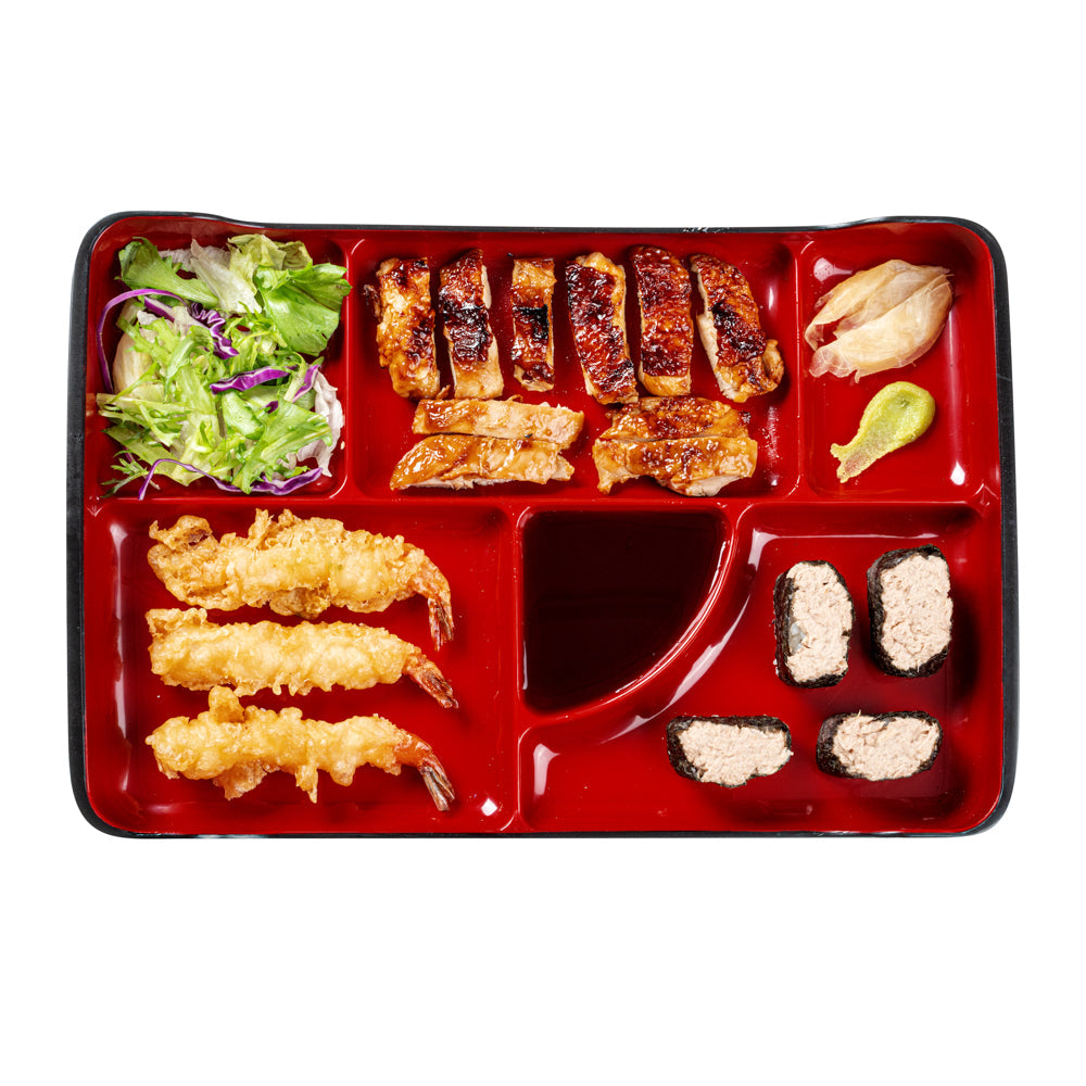 Bento Tek Black and Red Japanese Style Bento Plate - 5 Compartments - 14" x 9" x 2" - 1 count box