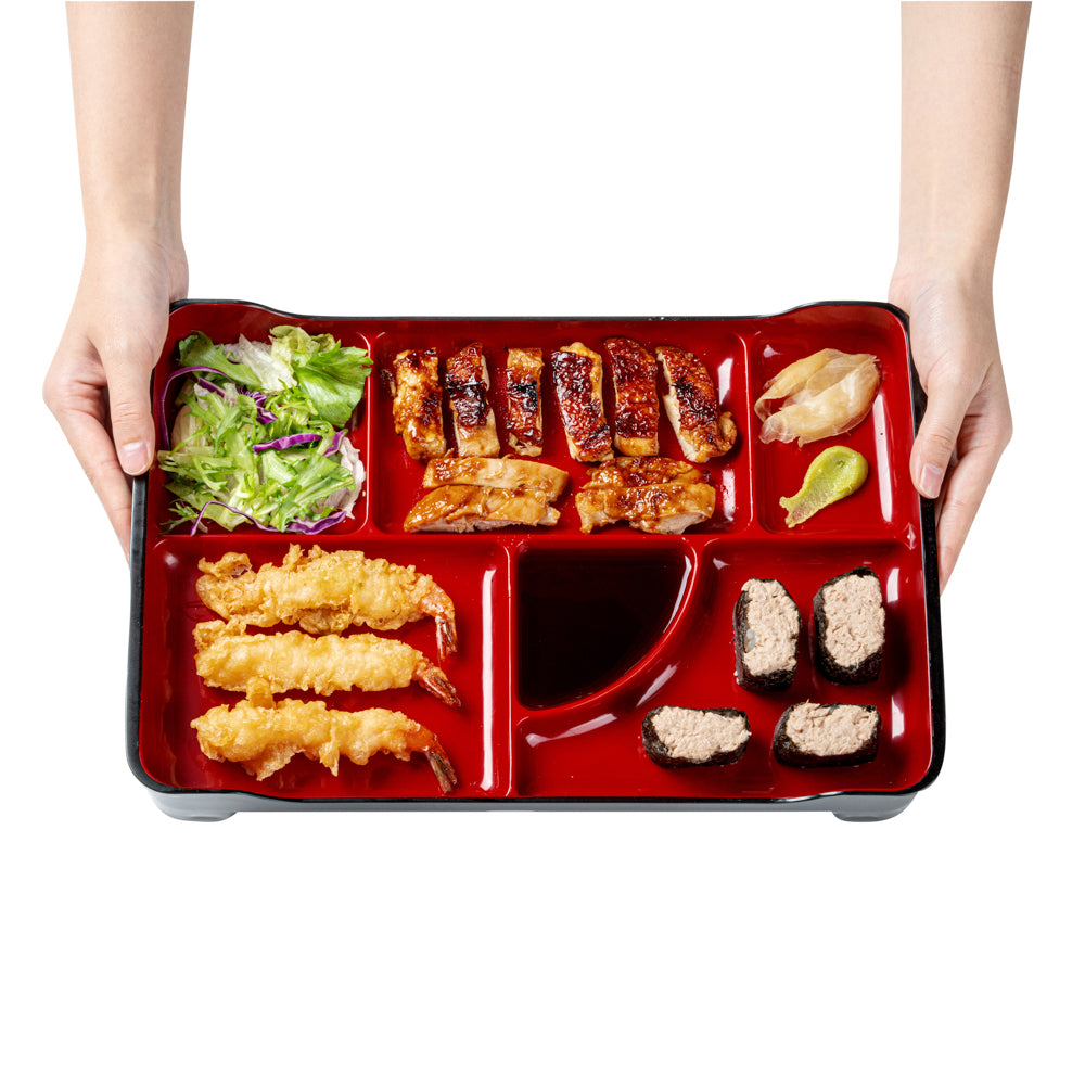 Bento Tek Black and Red Japanese Style Bento Plate - 5 Compartments - 14" x 9" x 2" - 1 count box