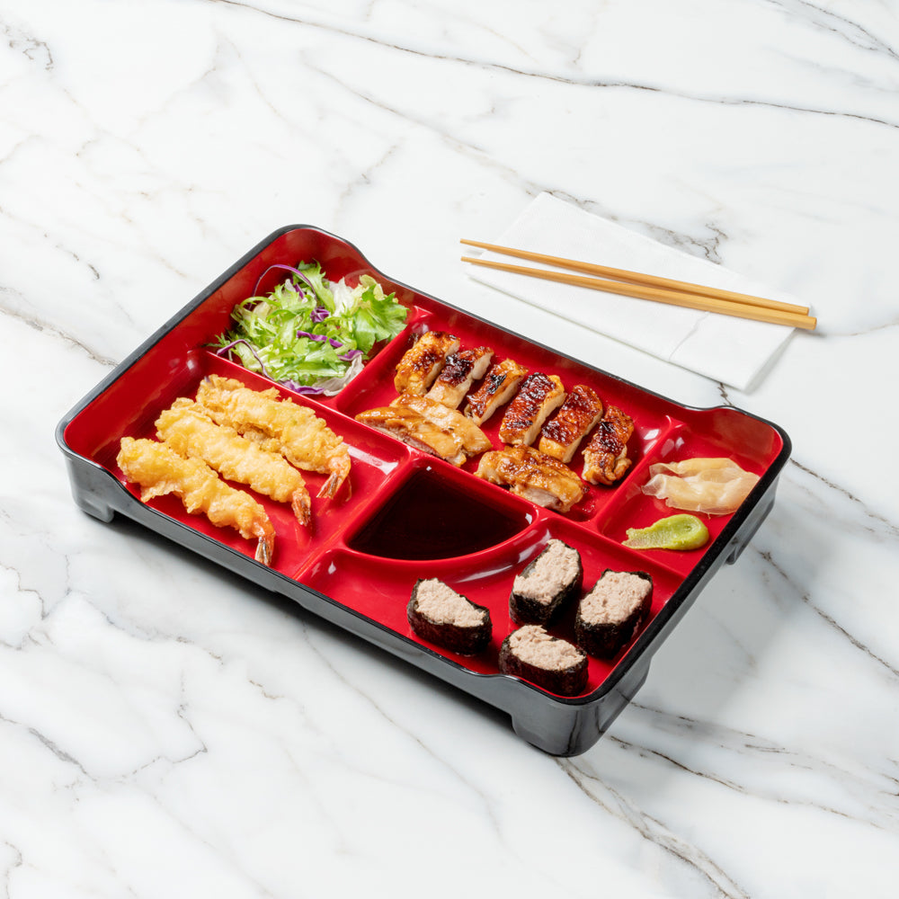 Bento Tek Black and Red Japanese Style Bento Plate - 5 Compartments - 14" x 9" x 2" - 1 count box