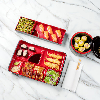 Bento Tek Black and Red Japanese Style Bento Plate - 5 Compartments - 14" x 9" x 2" - 1 count box