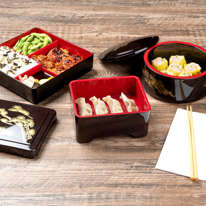 Bento Tek Black and Red Japanese Style Unagi Bento Box - 6 1/2" x 5 3/4" x 3 1/4" - 1 count box