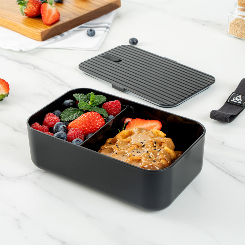 Bento Tek 34 oz Black Buddha Box Lunch Container - with Black Lid - 7 1/2" x 4 3/4" x 2 1/2" - 1 count box