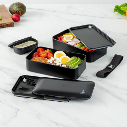 Bento Tek 41 oz Black Buddha Box All-in-One Lunch Box - with Utensils, Sauce Cup - 7 1/4" x 4 1/4" x 4" - 1 count box