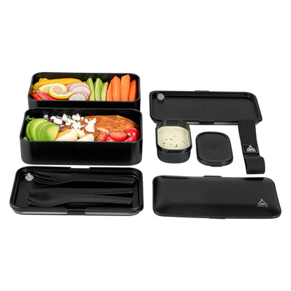 Bento Tek 41 oz Black Buddha Box All-in-One Lunch Box - with Utensils, Sauce Cup - 7 1/4" x 4 1/4" x 4" - 1 count box