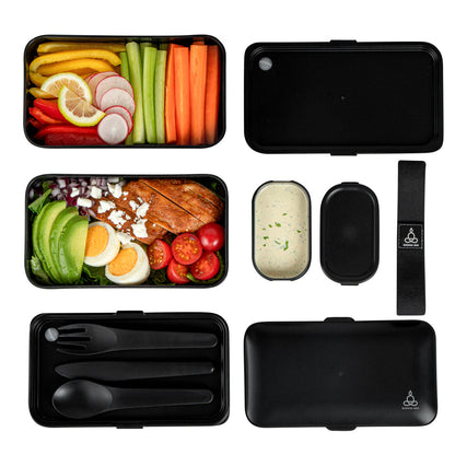 Bento Tek 41 oz Black Buddha Box All-in-One Lunch Box - with Utensils, Sauce Cup - 7 1/4" x 4 1/4" x 4" - 1 count box