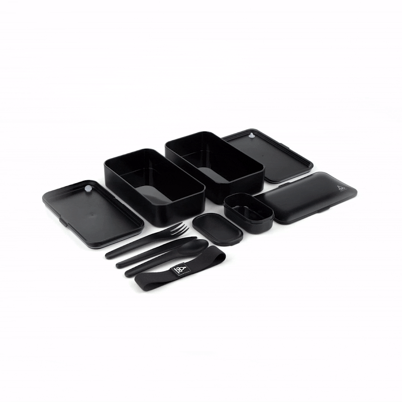 Bento Tek 41 oz Black Buddha Box All-in-One Lunch Box - with Utensils, Sauce Cup - 7 1/4" x 4 1/4" x 4" - 1 count box