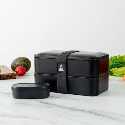 Bento Tek 41 oz Black Buddha Box All-in-One Lunch Box - with Utensils, Sauce Cup - 7 1/4" x 4 1/4" x 4" - 1 count box