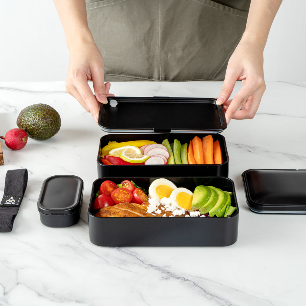 Bento Tek 41 oz Black Buddha Box All-in-One Lunch Box - with Utensils, Sauce Cup - 7 1/4" x 4 1/4" x 4" - 1 count box