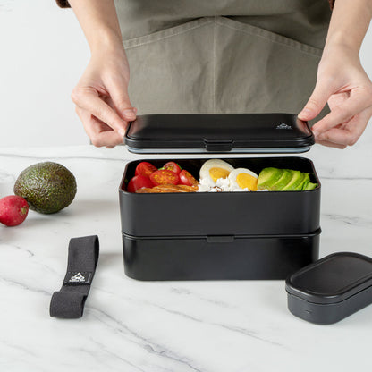 Bento Tek 41 oz Black Buddha Box All-in-One Lunch Box - with Utensils, Sauce Cup - 7 1/4" x 4 1/4" x 4" - 1 count box