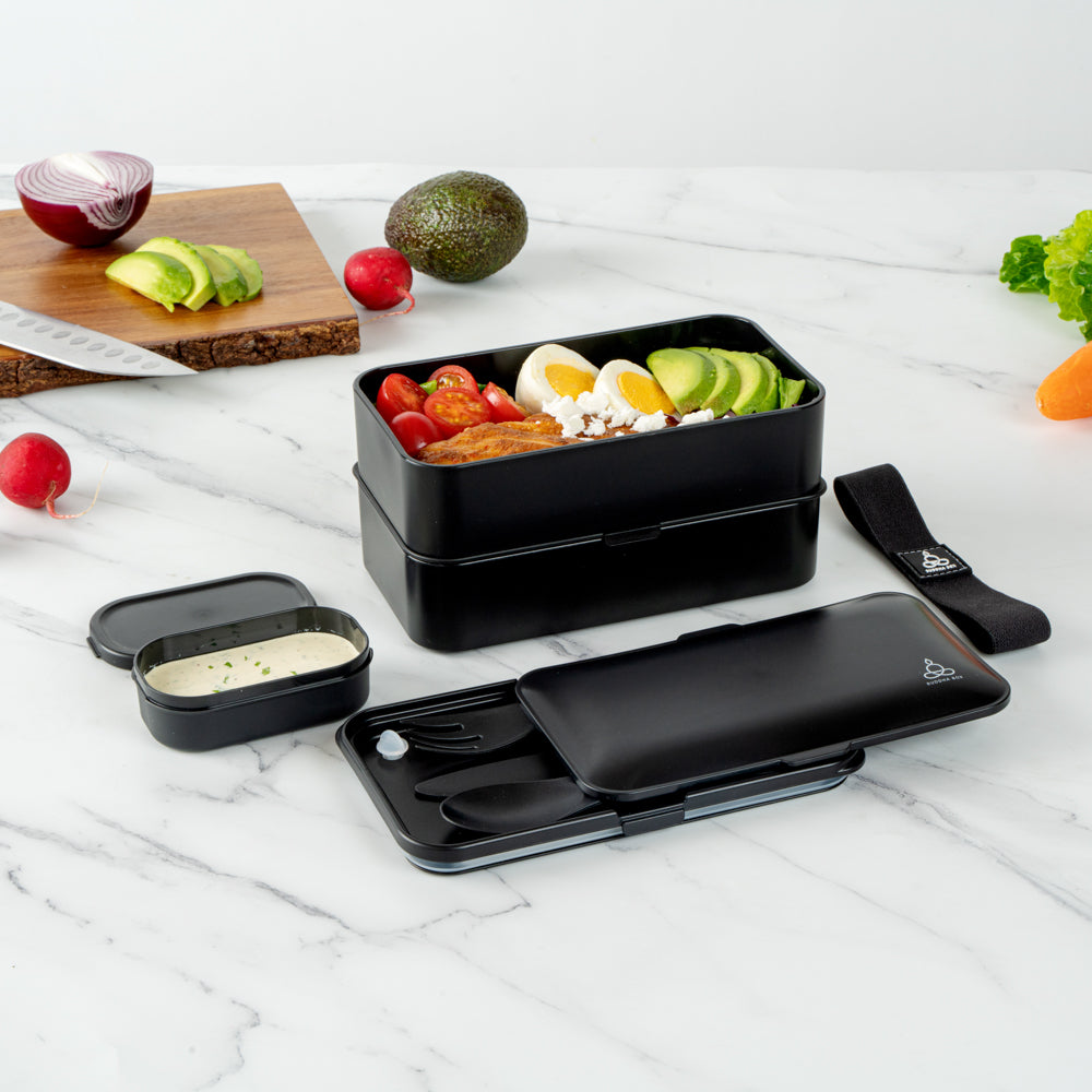 Bento Tek 41 oz Black Buddha Box All-in-One Lunch Box - with Utensils, Sauce Cup - 7 1/4" x 4 1/4" x 4" - 1 count box