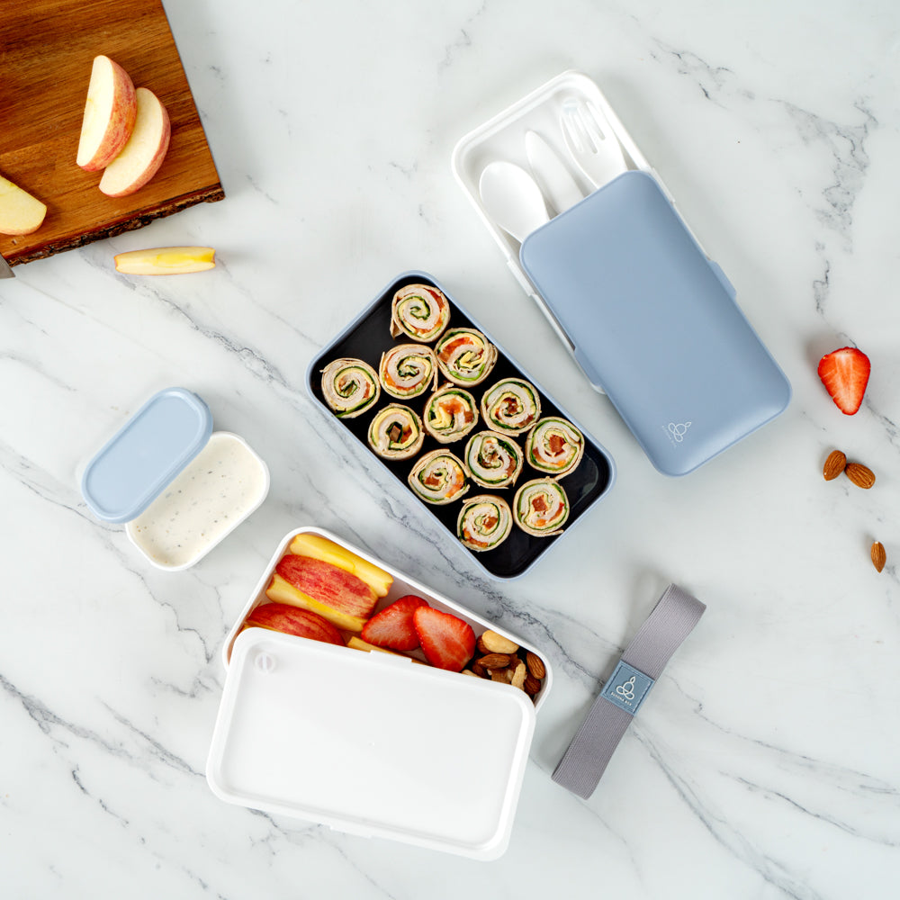 Bento Tek 41 oz Blue and White Buddha Box All-in-One Lunch Box - with Utensils, Sauce Cup - 7 1/4" x 4 1/4" x 4" - 1 count box