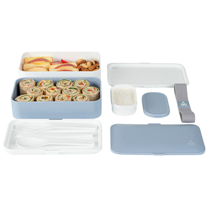 Bento Tek 41 oz Blue and White Buddha Box All-in-One Lunch Box - with Utensils, Sauce Cup - 7 1/4" x 4 1/4" x 4" - 1 count box