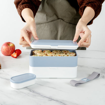 Bento Tek 41 oz Blue and White Buddha Box All-in-One Lunch Box - with Utensils, Sauce Cup - 7 1/4" x 4 1/4" x 4" - 1 count box