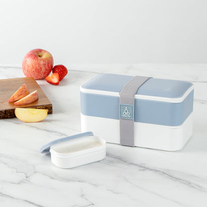 Bento Tek 41 oz Blue and White Buddha Box All-in-One Lunch Box - with Utensils, Sauce Cup - 7 1/4" x 4 1/4" x 4" - 1 count box