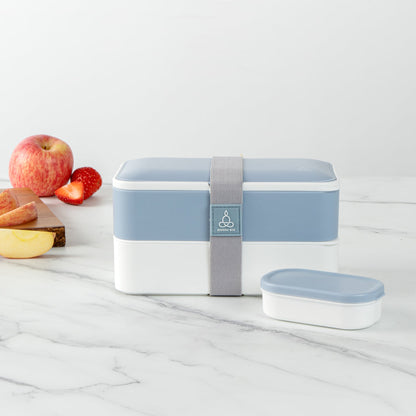 Bento Tek 41 oz Blue and White Buddha Box All-in-One Lunch Box - with Utensils, Sauce Cup - 7 1/4" x 4 1/4" x 4" - 1 count box