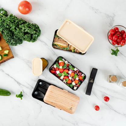 Bento Tek 41 oz Wood Grain and Black Buddha Box All-in-One Lunch Box - with Utensils, Sauce Cup - 7 1/4" x 4 1/4" x 4" - 1 count box